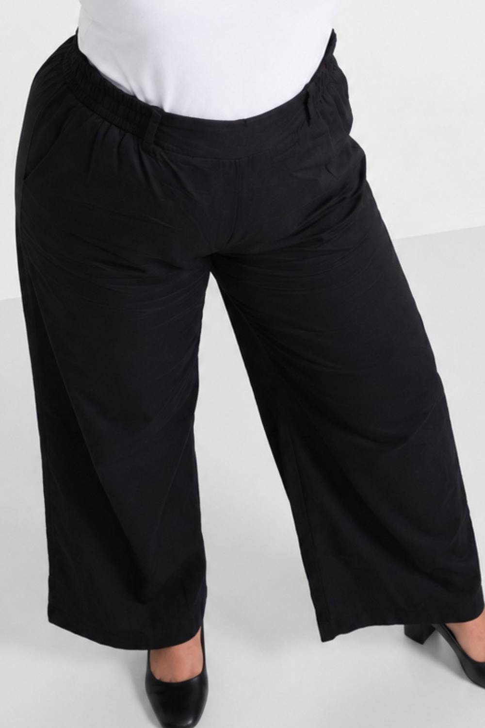 Plus Size Wide Leg Black Cotton Satin Pants