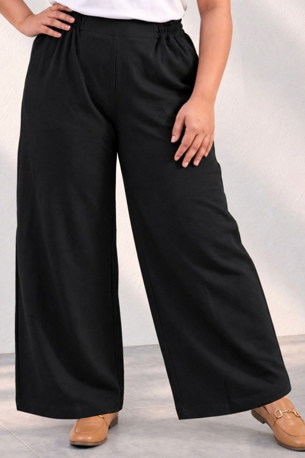 Plus Size SoftEase Black Cotton Wide Flare Pants High