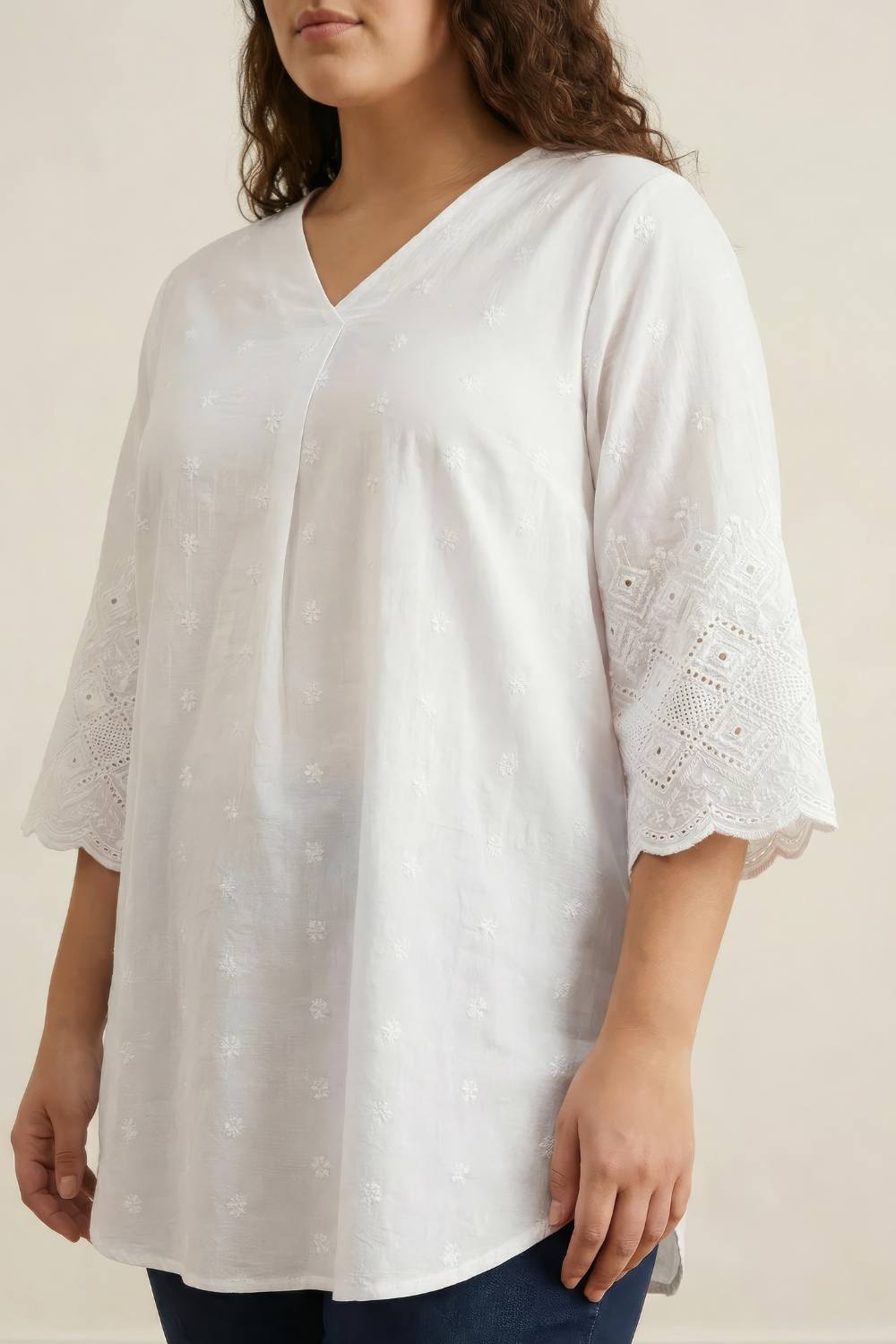 Comfortable Plus Size White Cotton Schiffli V Neck Top