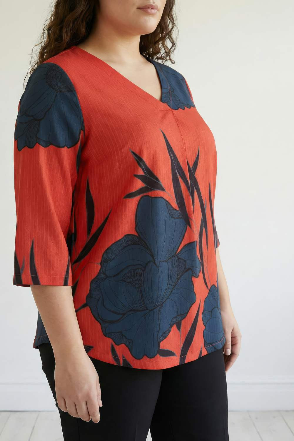 Red Teal Print Plus Size Top for Women
