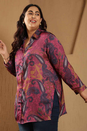 Plus Size Magenta Paisley Print High Slit Longline Satin Shirt