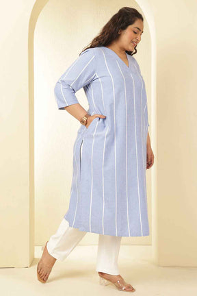Plus Size Blue Striped Chambray V Neck Kurta