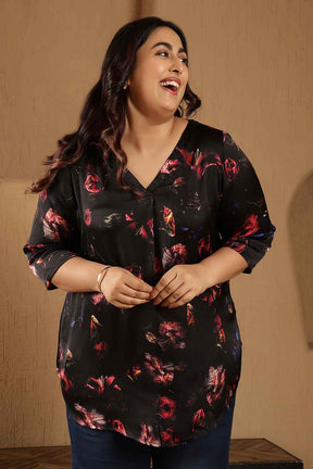 Plus Size Black Floral Print V-Neck Satin Top