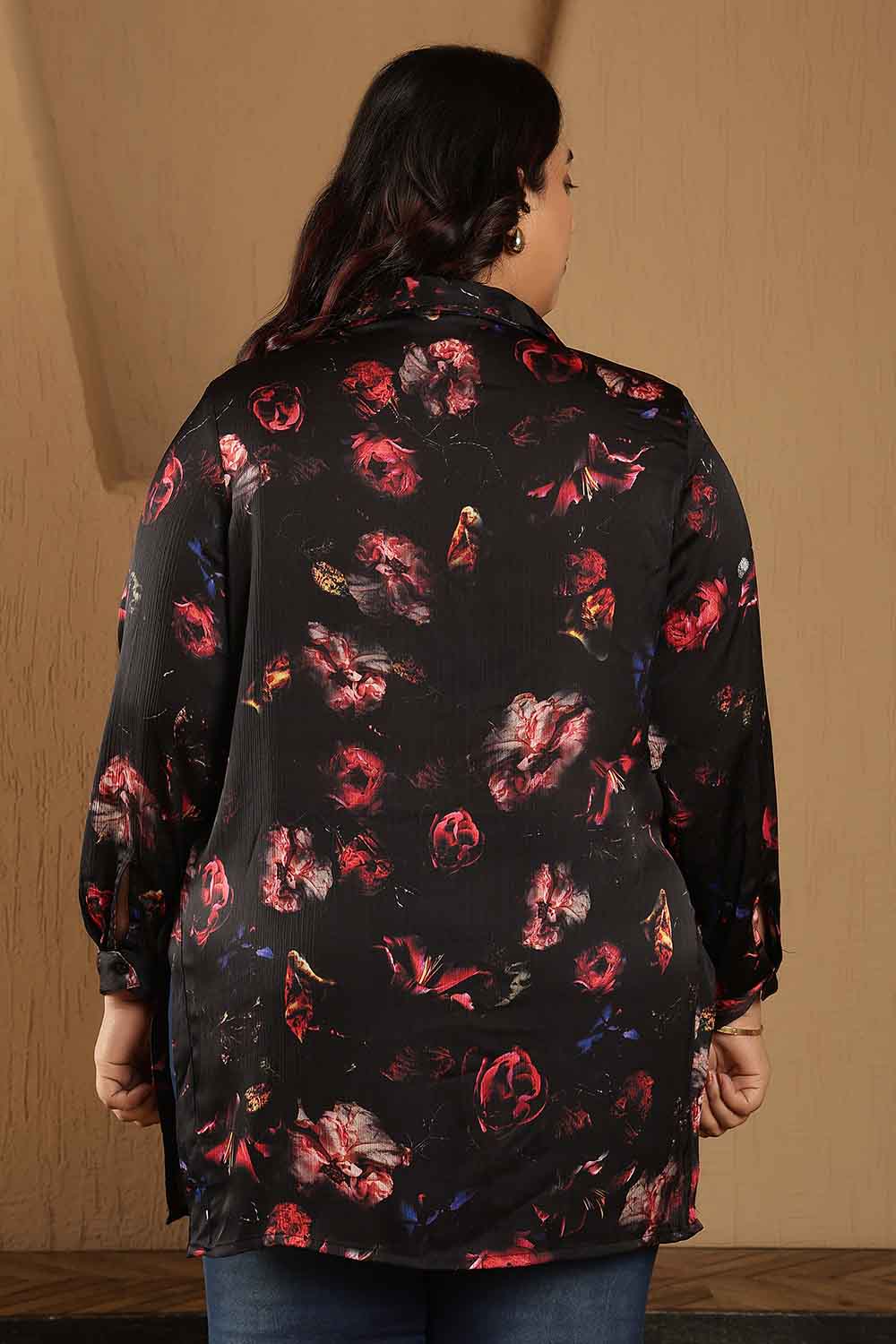 Plus Size Black Floral Print High Slit Longline Satin Shirt