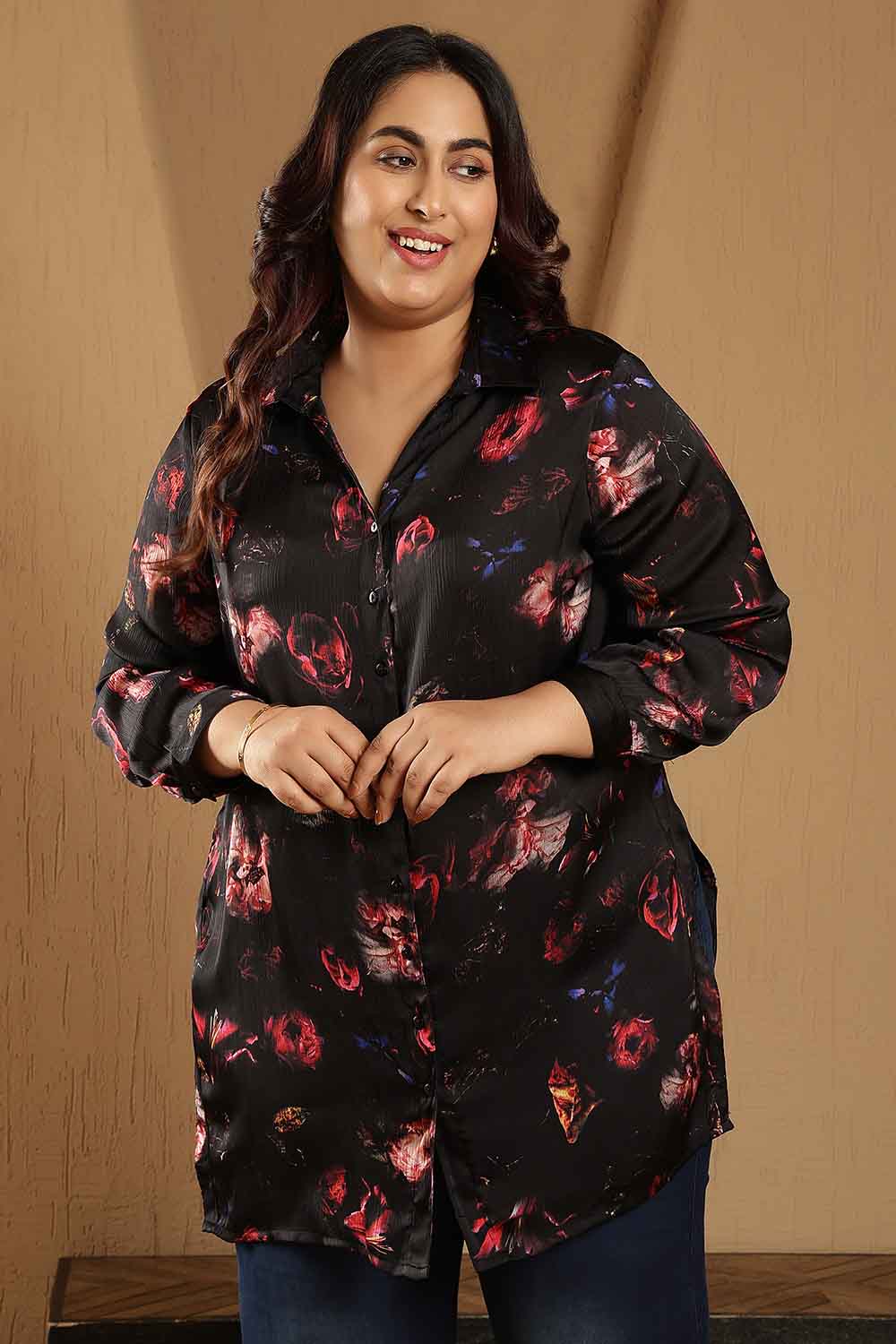 Comfortable Plus Size Black Floral Print High Slit Longline Satin Shirt