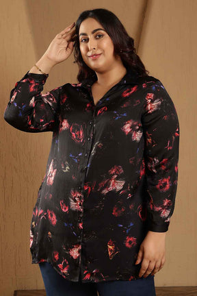 Plus Size Black Floral Print High Slit Longline Satin Shirt