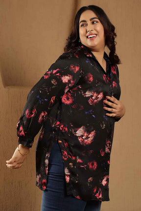 Plus Size Black Floral Print High Slit Longline Satin Shirt