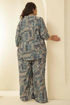 Plus Size Blue Ethnic Print Rayon Muslin Shirt Coord Set