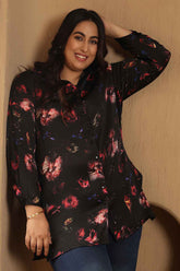 Plus Size Black Floral Print High Slit Longline Satin Shirt