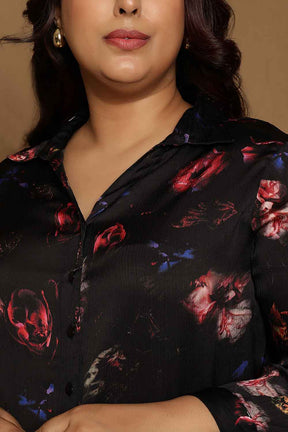 Plus Size Black Floral Print High Slit Longline Satin Shirt