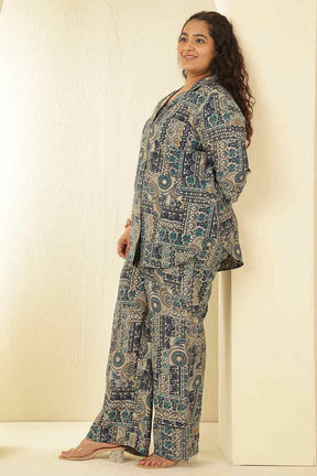 Plus Size Blue Ethnic Print Rayon Muslin Shirt Coord Set