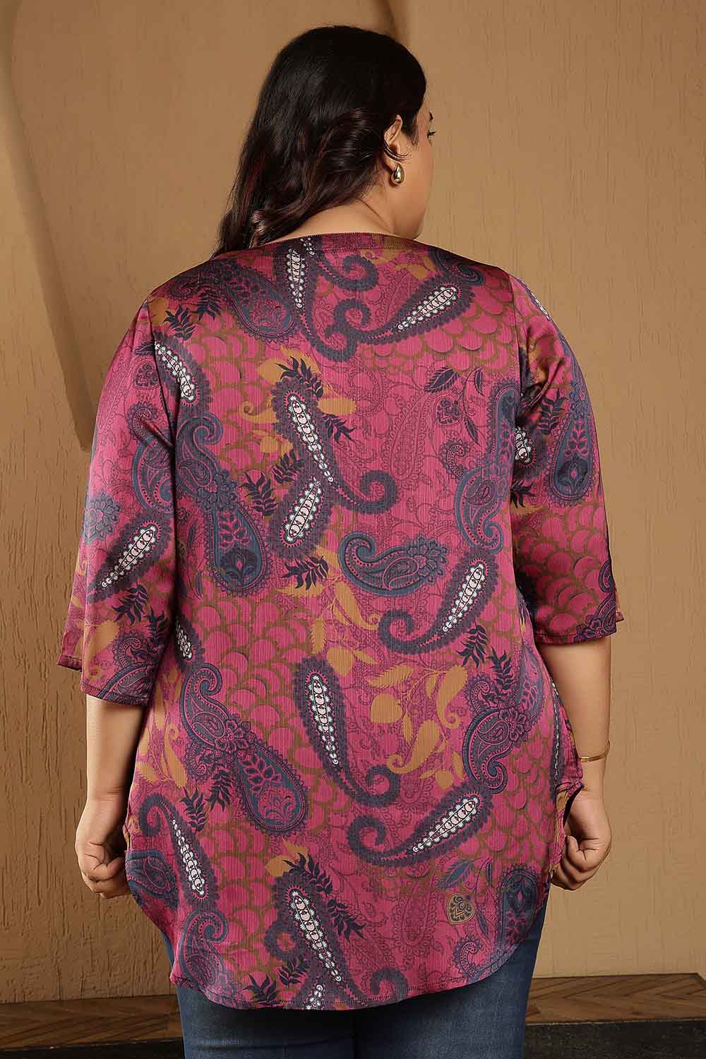 Plus Size Magenta Paisley Print V-Neck Satin Top