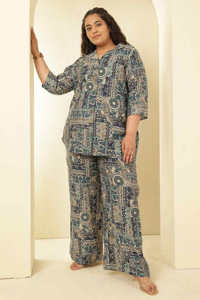Plus Size Blue Ethnic Print Rayon Muslin Shirt Coord Set