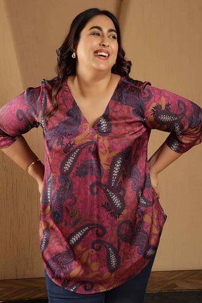 Plus Size Magenta Paisley Print V-Neck Satin Top
