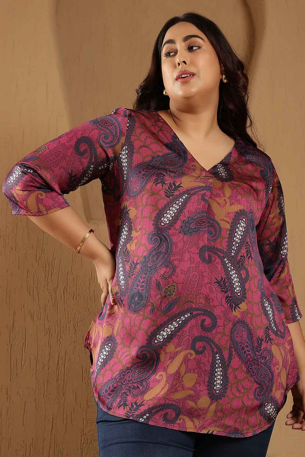 Comfortable Plus Size Magenta Paisley Print V-Neck Satin Top