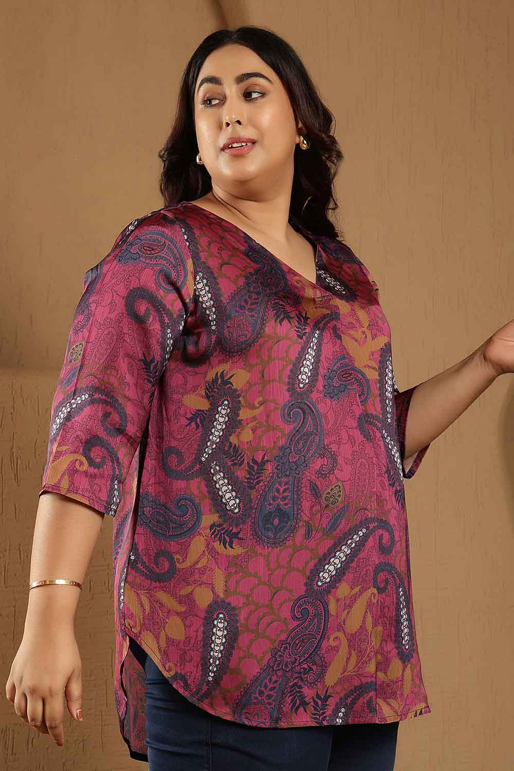 Plus Size Magenta Paisley Print V-Neck Satin Top for Women