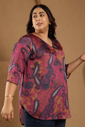 Plus Size Magenta Paisley Print V-Neck Satin Top