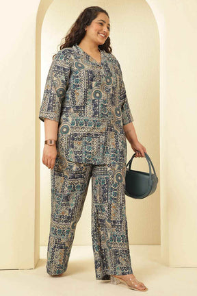 Plus Size Blue Ethnic Print Rayon Muslin Shirt Coord Set