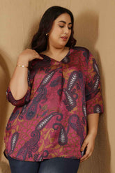 Plus Size Magenta Paisley Print V-Neck Satin Top