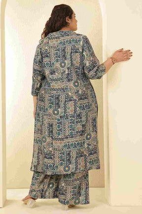 Plus Size Blue Ethnic Print Rayon Muslin Kurta Coord Set