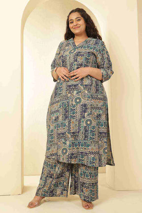 Plus Size Blue Ethnic Print Rayon Muslin Kurta Coord Set