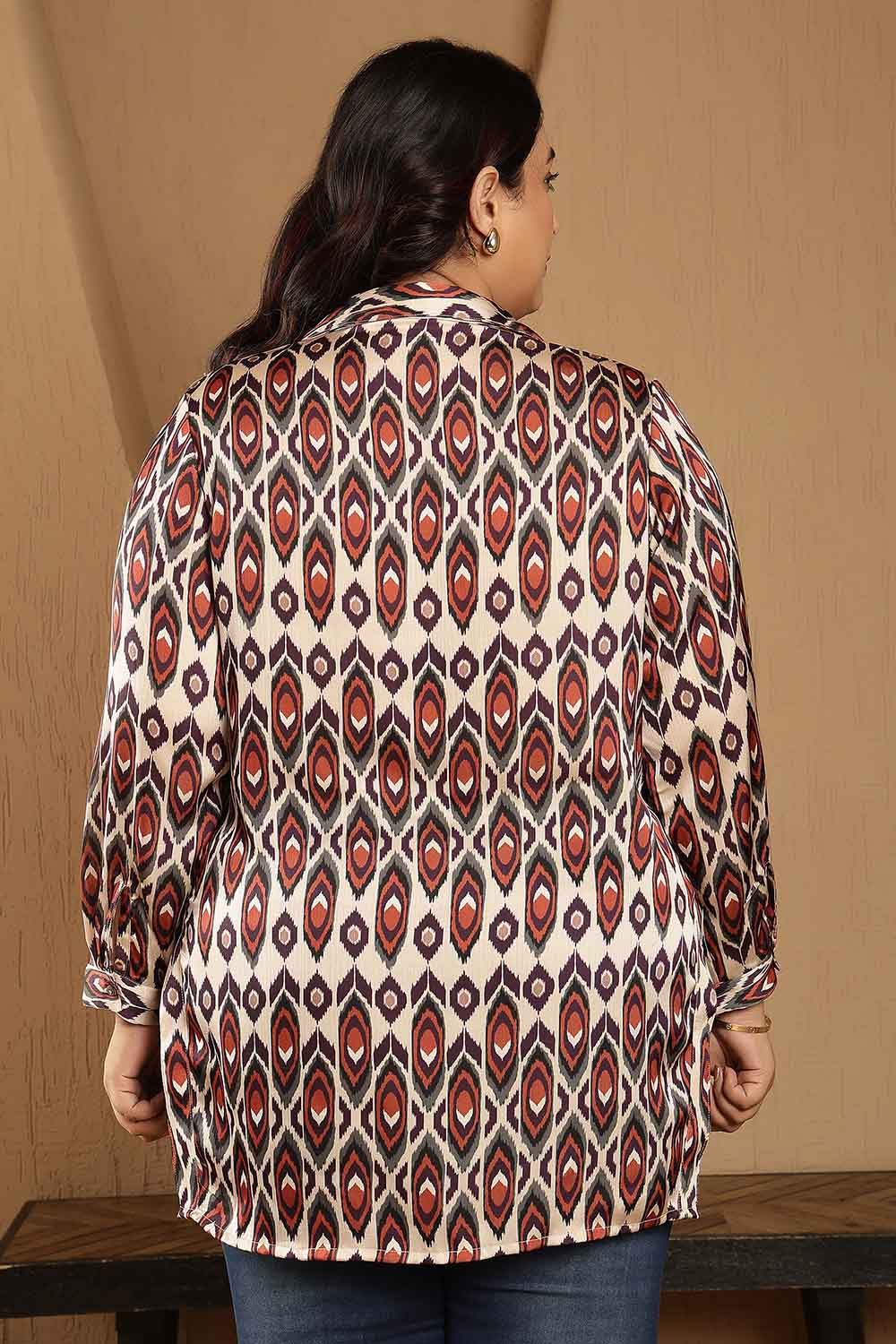 Plus Size Beige Ikat Print High Slit Longline Satin Shirt