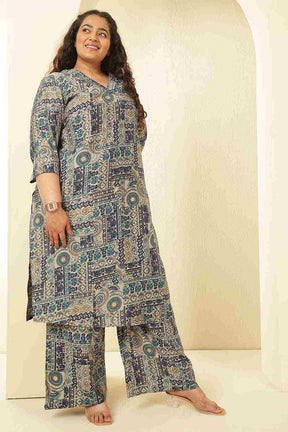 Plus Size Blue Ethnic Print Rayon Muslin Kurta Coord Set