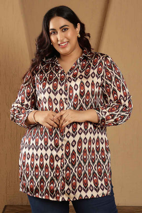 Plus Size Beige Ikat Print High Slit Longline Satin Shirt
