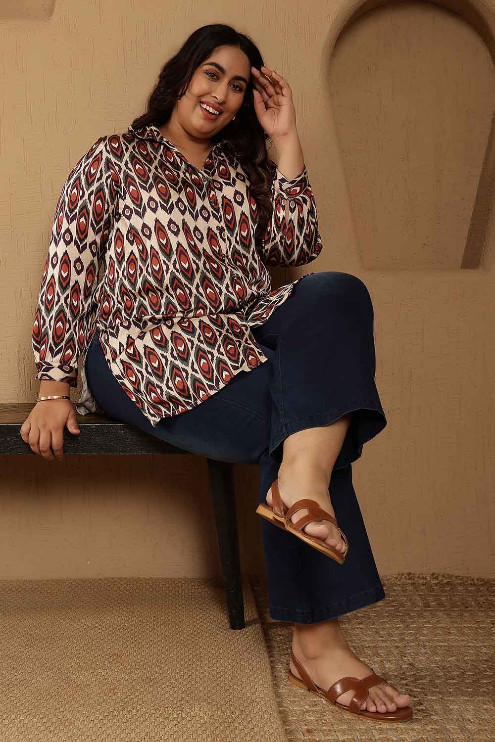 Plus Size Beige Ikat Print High Slit Longline Satin Shirt