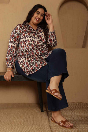 Plus Size Beige Ikat Print High Slit Longline Satin Shirt