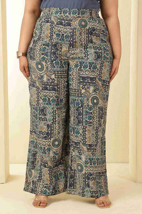 Plus Size Blue Ethnic Print Rayon Muslin Shirt Coord Set
