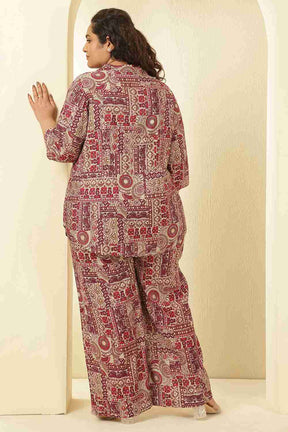 Plus Size Maroon Ethnic Print Rayon Muslin Shirt Coord Set