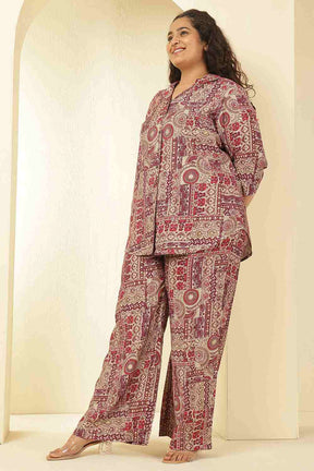 Plus Size Maroon Ethnic Print Rayon Muslin Shirt Coord Set