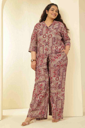 Plus Size Maroon Ethnic Print Rayon Muslin Shirt Coord Set