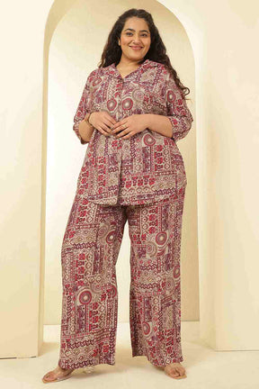 Plus Size Maroon Ethnic Print Rayon Muslin Shirt Coord Set