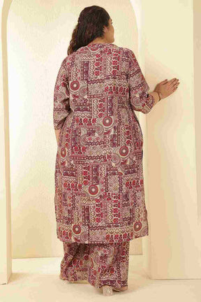 Plus Size Maroon Ethnic Print Rayon Muslin Kurta Coord Set