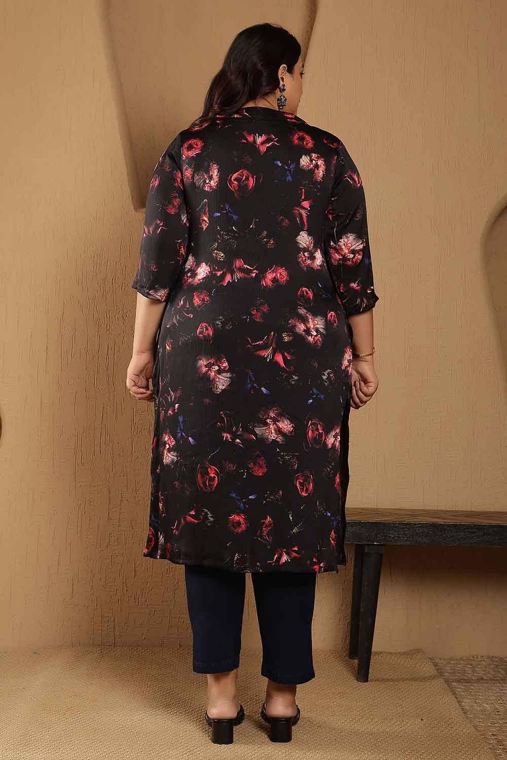 Plus Size Black Floral Print V-Neck Satin Kurta