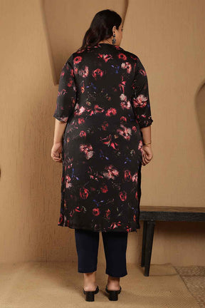 Plus Size Black Floral Print V-Neck Satin Kurta