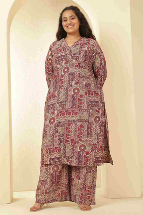 Plus Size Maroon Ethnic Print Rayon Muslin Kurta Coord Set