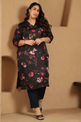 Plus Size Black Floral Print V-Neck Satin Kurta