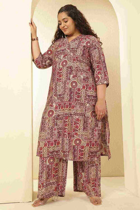 Plus Size Maroon Ethnic Print Rayon Muslin Kurta Coord Set