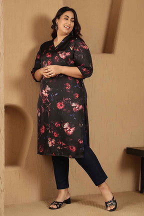 Plus Size Black Floral Print V-Neck Satin Kurta