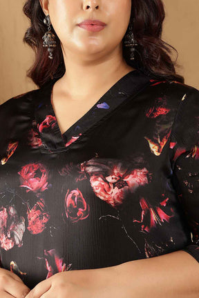 Plus Size Black Floral Print V-Neck Satin Kurta