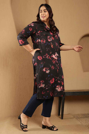 Plus Size Black Floral Print V-Neck Satin Kurta