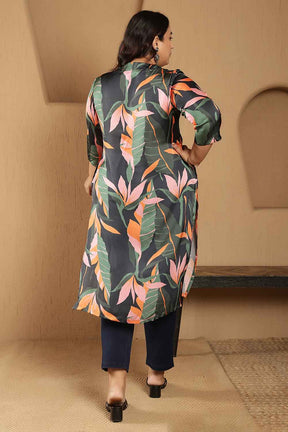 Plus Size Black Tropical Leaf Print V-Neck Satin Kurta