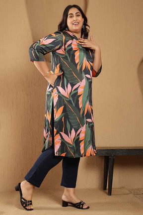 Plus Size Black Tropical Leaf Print V-Neck Satin Kurta