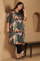Plus Size Black Tropical Leaf Print V-Neck Satin Kurta
