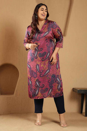 Plus Size Magenta Paisley Print V-Neck Satin Kurta