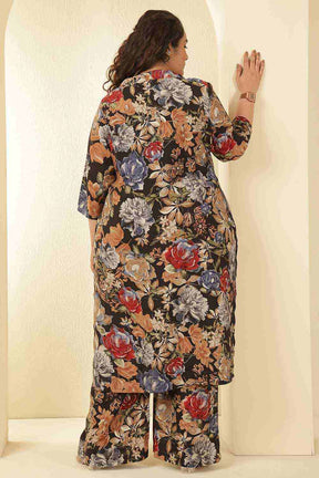 Plus Size Elegant Black Floral Print Rayon Muslin Kurta Coord Set