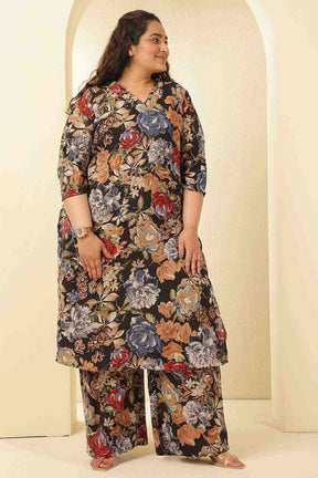 Plus Size Elegant Black Floral Print Rayon Muslin Kurta Coord Set